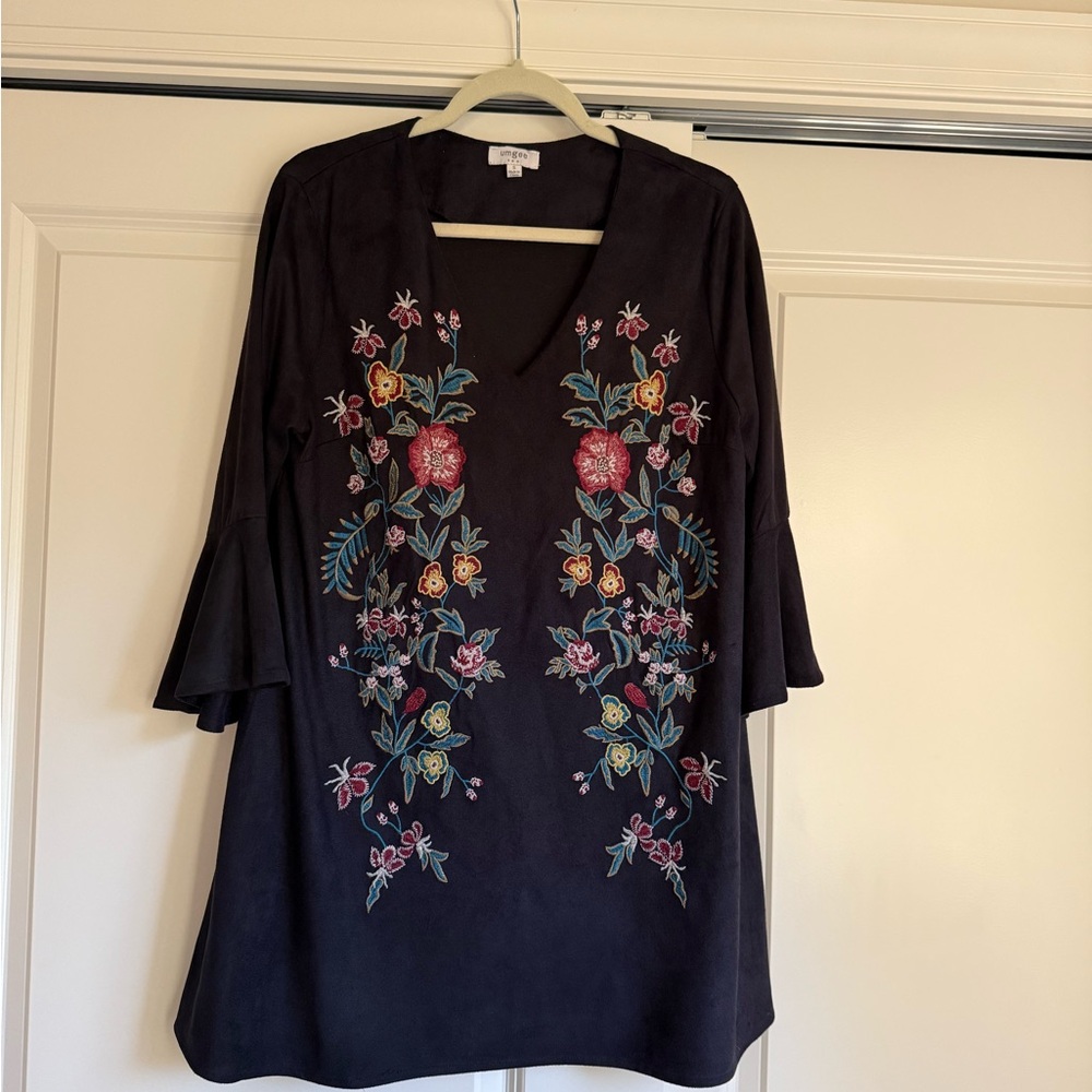 Umgee Black Midi Dress with Colorful Floral Design